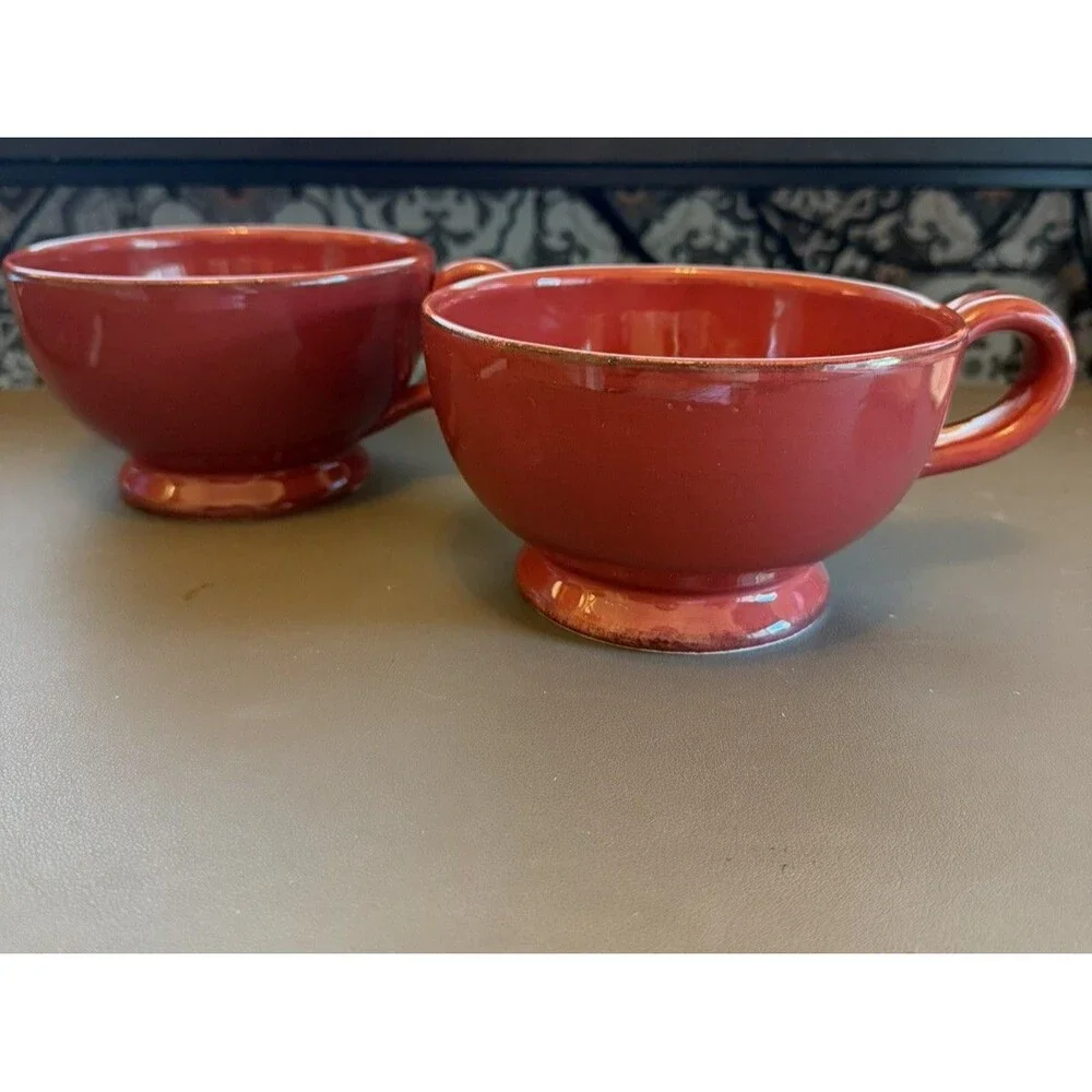 Pier 1 Toscana Hand Painted Earthenware Burgundy Oversized Mug Soup Set 2 RARE
